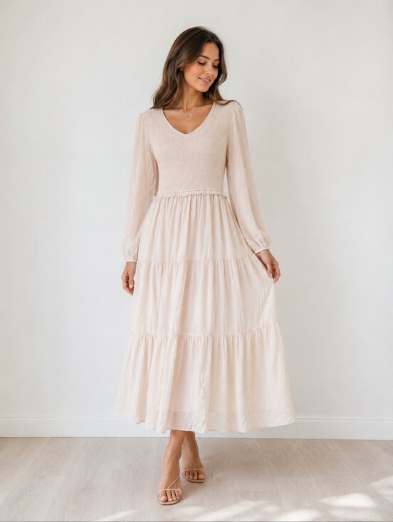 Merokeety Dresses & Skirts - Smocked V-Neck Tiered Maxi Dress in Blush